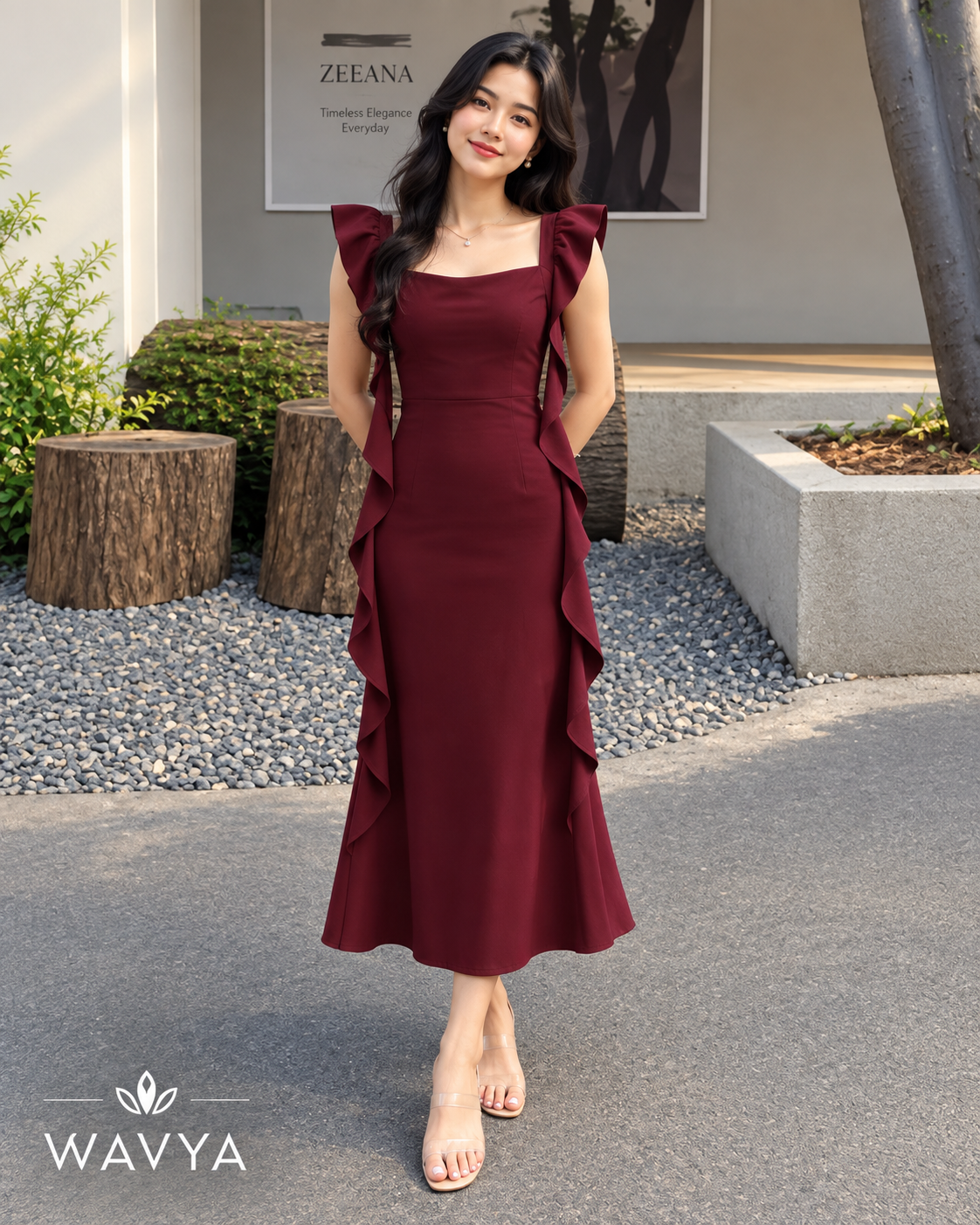 Cherry Red Cowl Neck Ruffle Maxi Dress