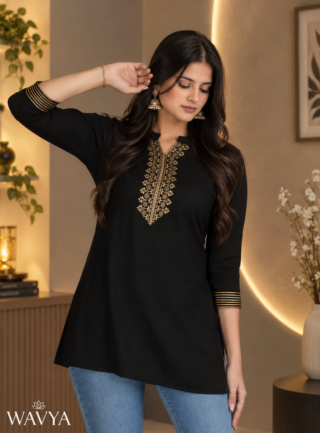 Women’s Premium Quality Rayon Golden Printed Short Kurti | Three-Quarter Sleeves | Stylish Casual & Office Wear