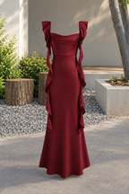 Cherry Red Cowl Neck Ruffle Maxi Dress