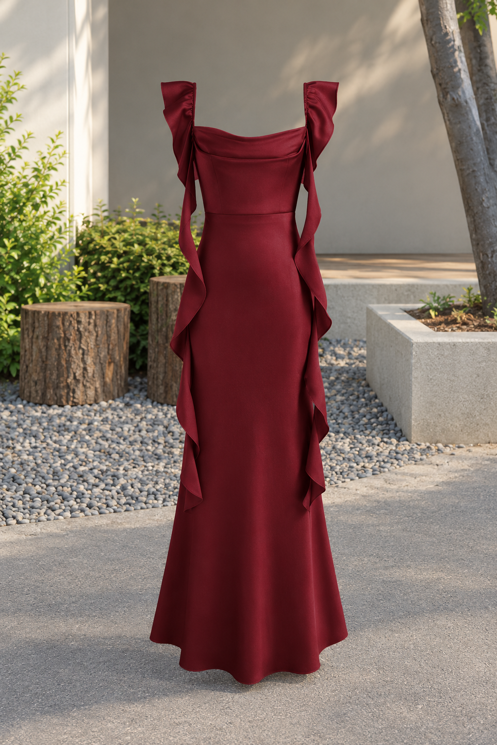 Cherry Red Cowl Neck Ruffle Maxi Dress